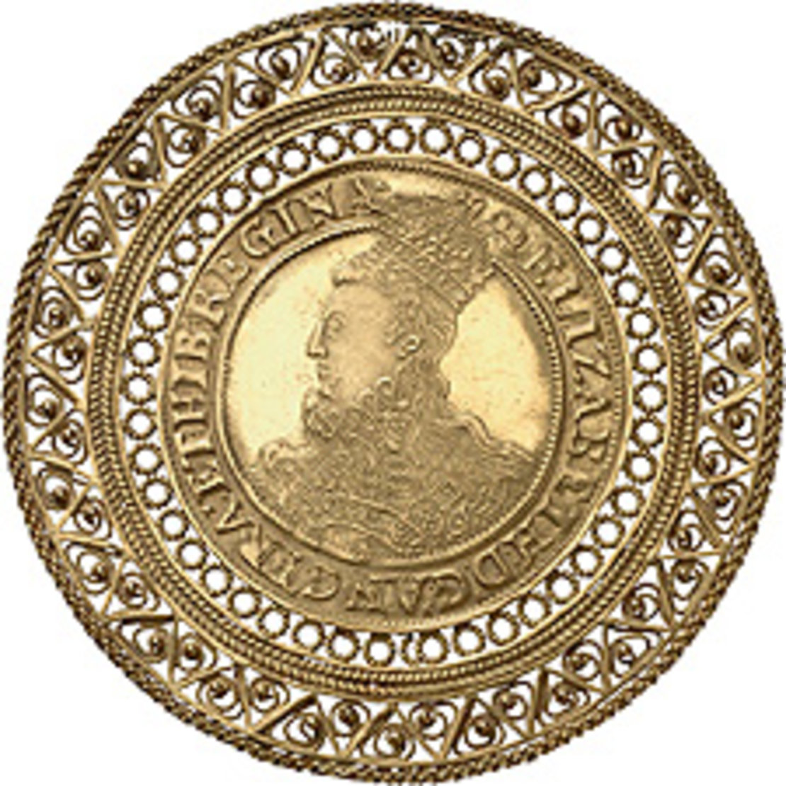 Königin Elisabeth von England (1558-1603), Sovereign in filigraner Schmuckfassung, Gold