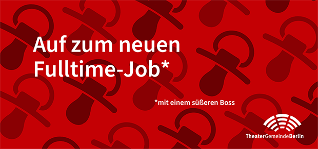 Rotes Bild mit Schnuller-Muster und dem Text: Auf zum neuen Fulltime-Job mit einem süßeren Boss