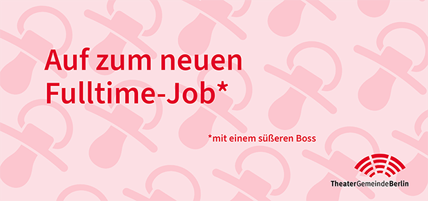 Hellrosa Bild mit Schnuller-Muster und dem Text: Auf zum neuen Fulltime-Job mit einem süßeren Boss